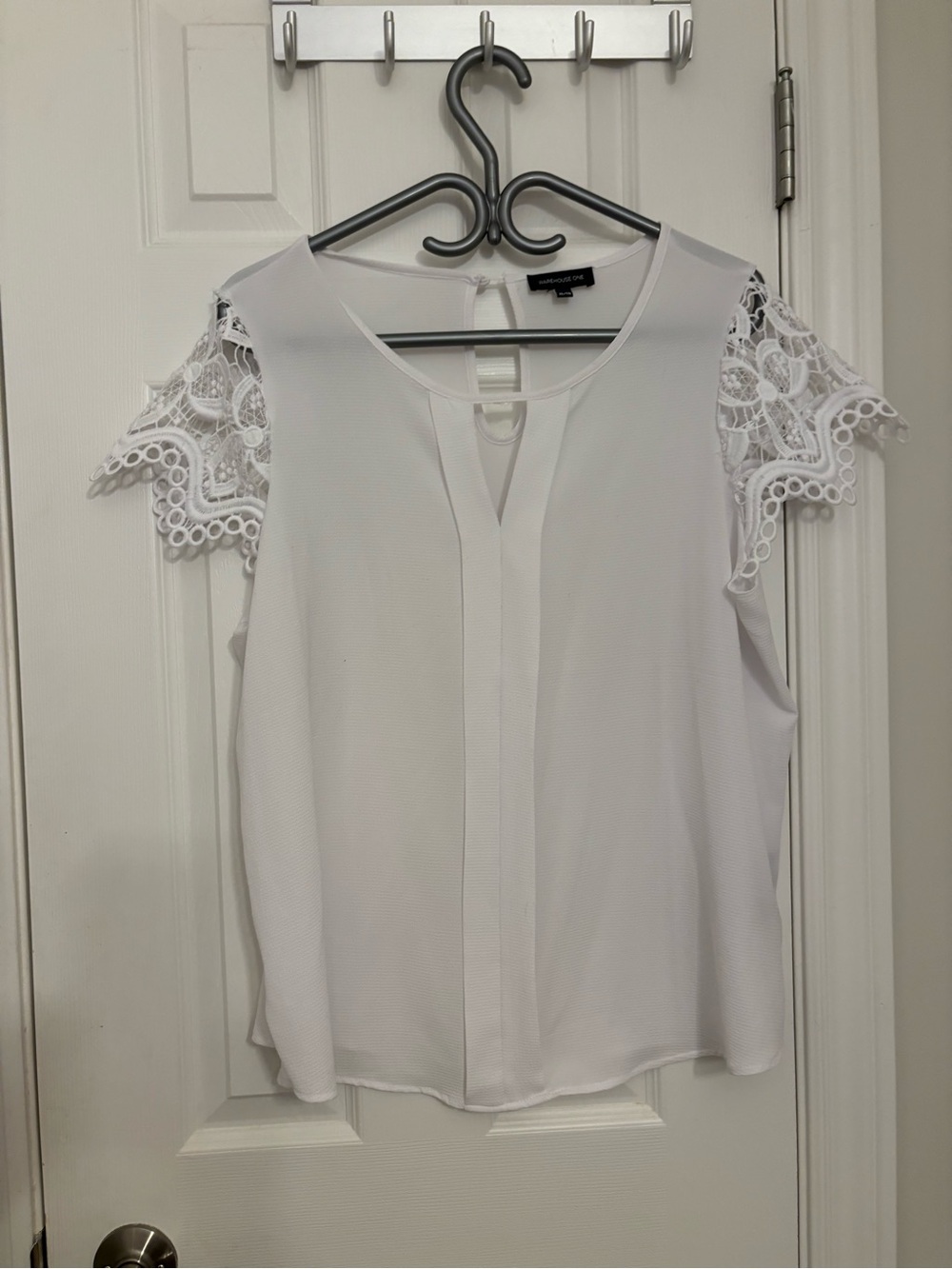 a new day White Lace Cold-Shoulder Blouse with Keyhole